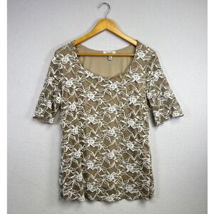 Dressbarn Women Taupe Lace Overlay Scoop Neck 3/4 Sleeve Top Size L